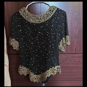 Vintage Laurence Kazar Top Silk Sequin Beaded Embellishment Gold Size PXL